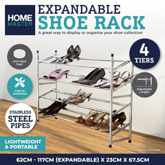 Home Master 4 Tier Shoe Rack Extendable Stainless Steel Structure 62cm-117cm