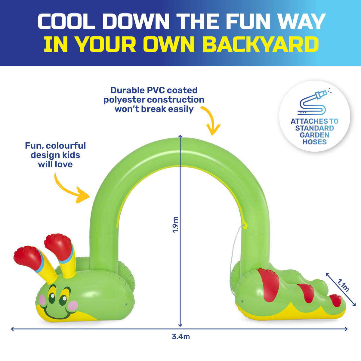 Bestway Inflatable Caterpillar Sprinkler Jumbo Sized Bright Design 3.4 x 1.9m