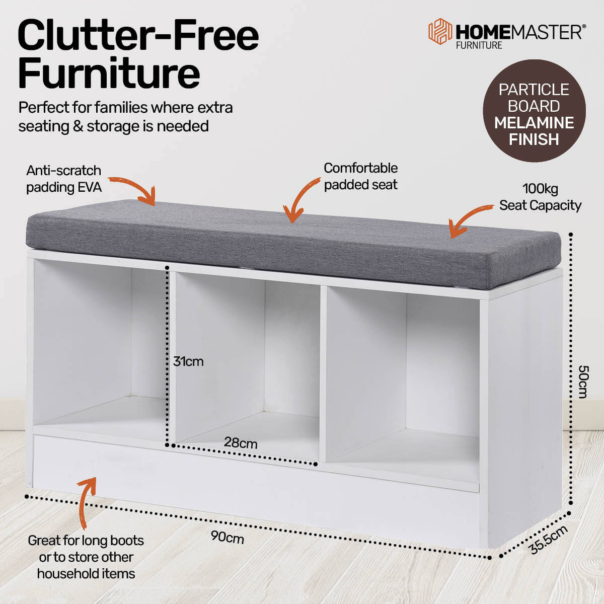 Home Master Storage/Shoe Bench With Padded Cushion Seating 90cm