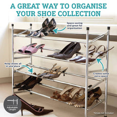 Home Master 4 Tier Shoe Rack Extendable Stainless Steel Structure 62cm-117cm